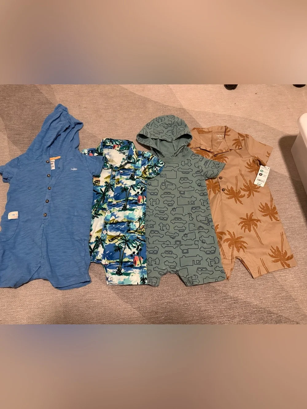 Lot Of Four Toddler Boy Romper Bundle Carters 24 Month Tropical, Cars, Shark